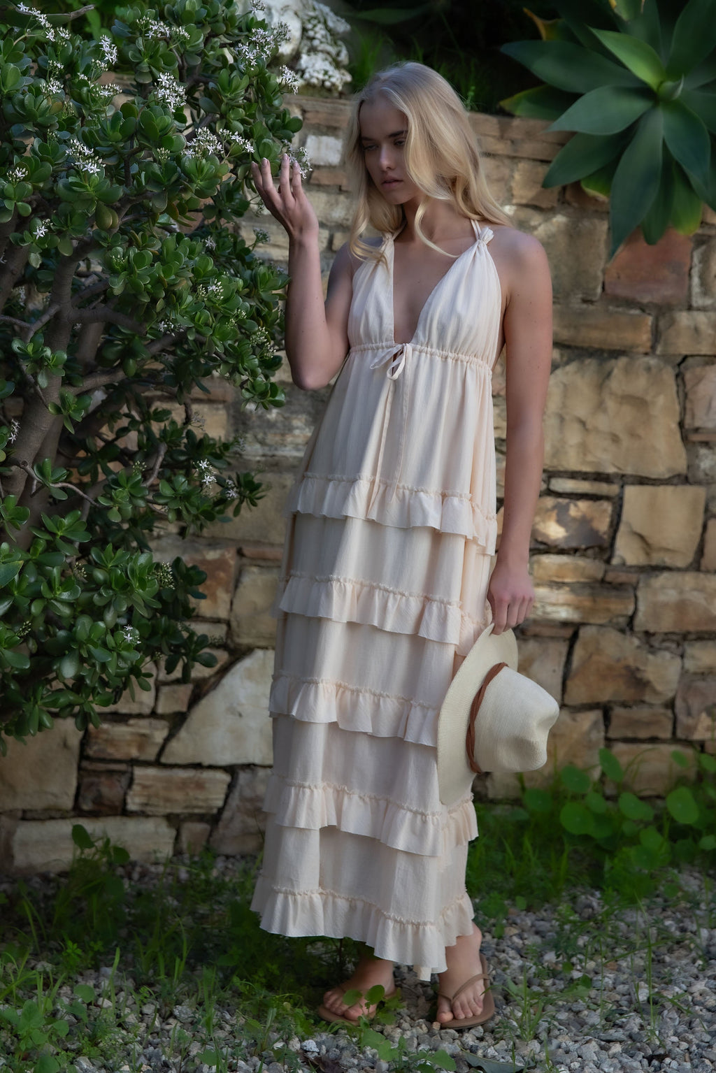 SOFT HALTER TIERED MAXI DRESS - WHITE
