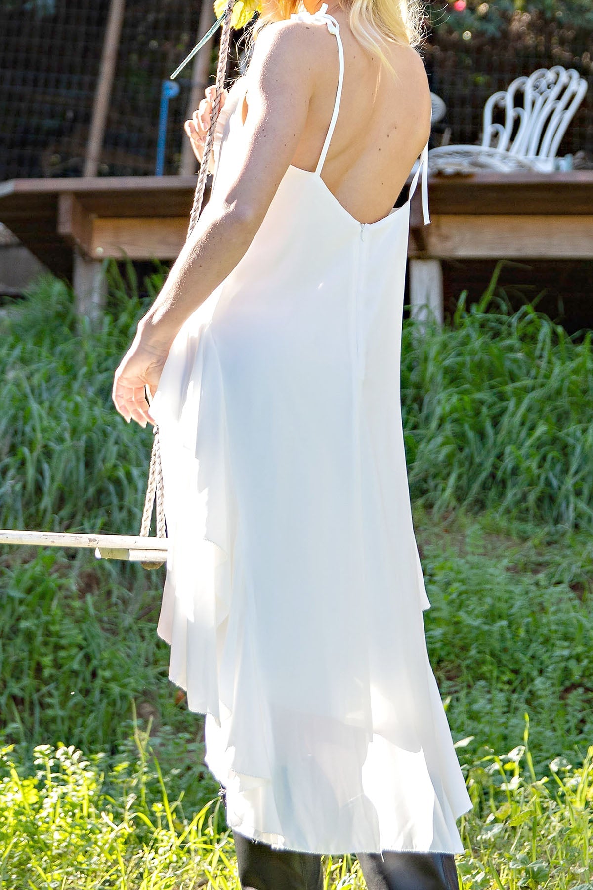 RUFFLES HIGH LOW MIDI DRESS