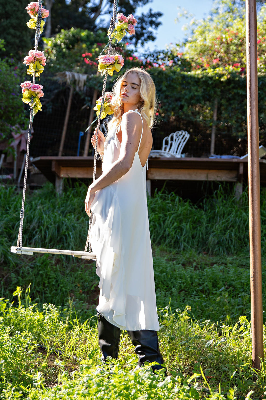 RUFFLES HIGH LOW MIDI DRESS