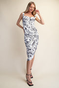FLORAL ASYMMETRICAL BUSTIER CORSET MIDI DRESS - BLACK