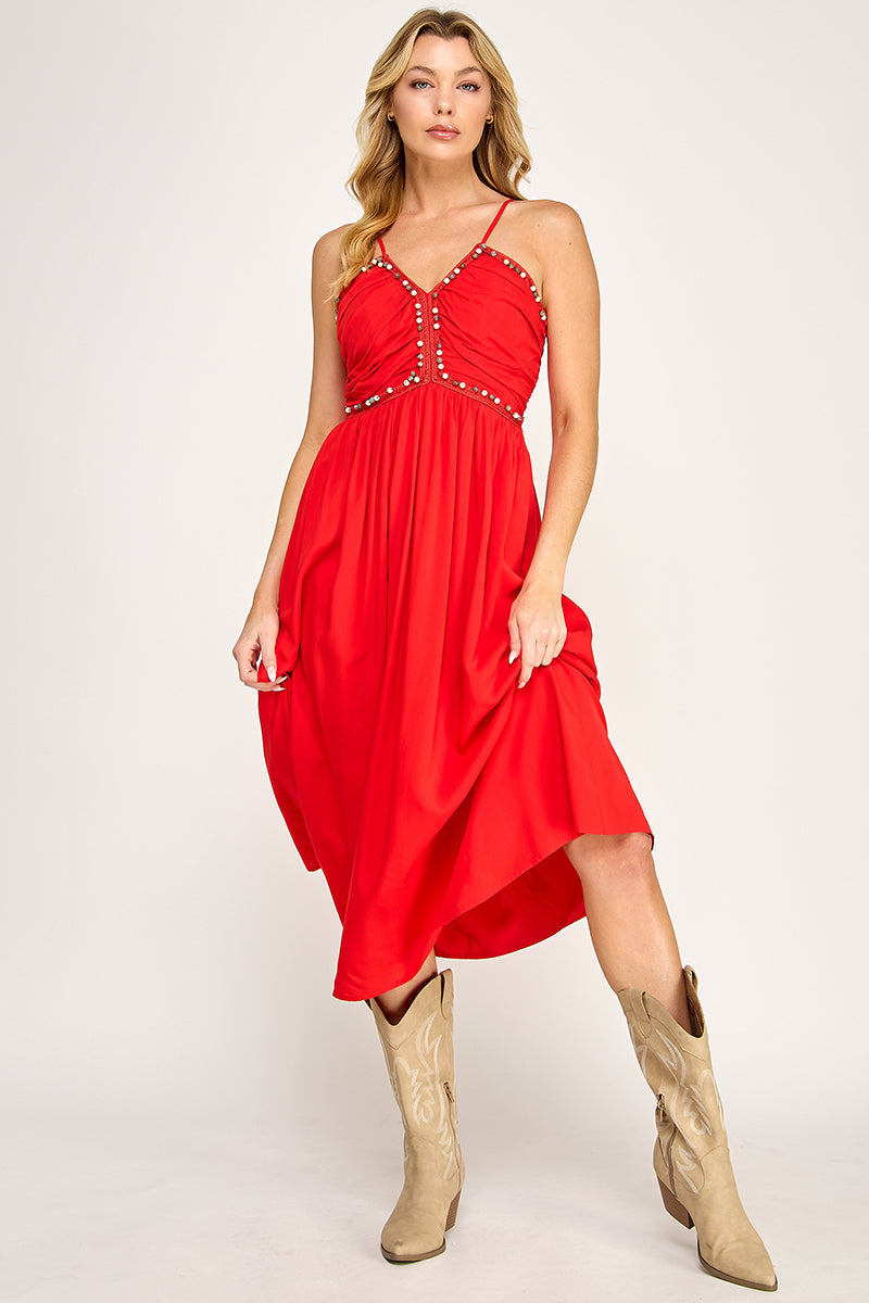 BEADED BUST MIDI DRESS - SUMMER RED
