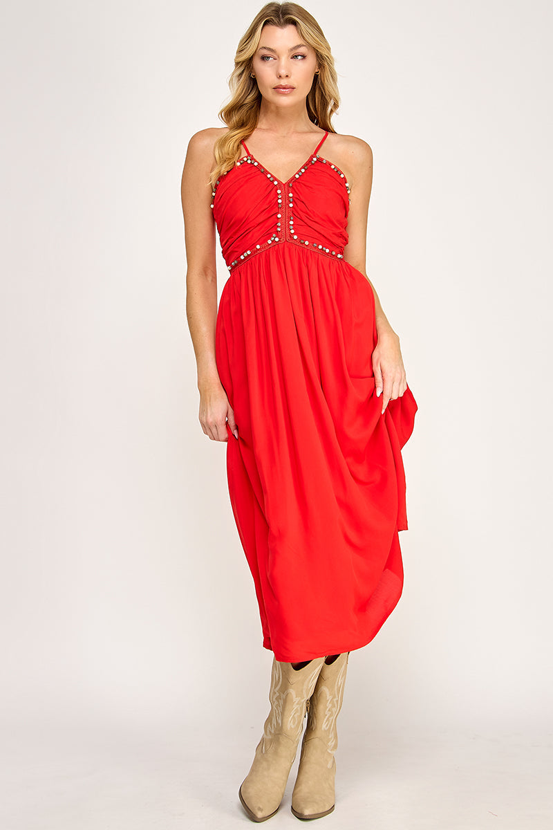 BEADED BUST MIDI DRESS - SUMMER RED