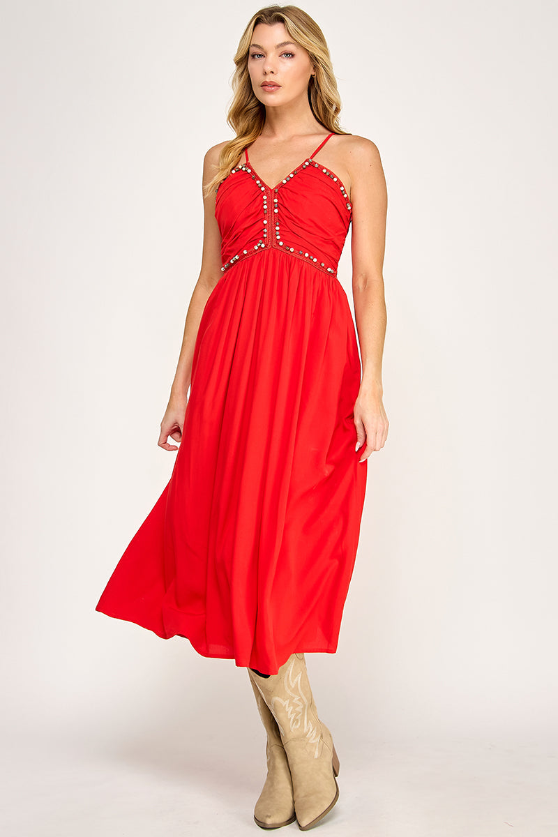 BEADED BUST MIDI DRESS - SUMMER RED
