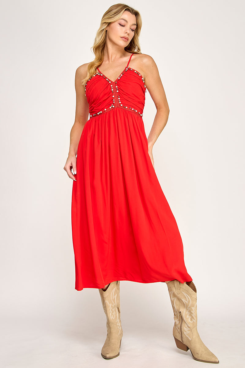 BEADED BUST MIDI DRESS - SUMMER RED