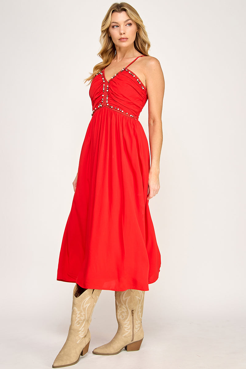 BEADED BUST MIDI DRESS - SUMMER RED