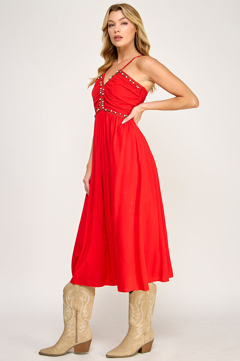 BEADED BUST MIDI DRESS - SUMMER RED