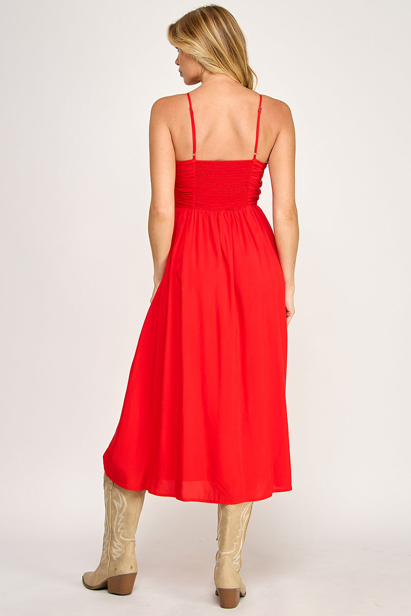 BEADED BUST MIDI DRESS - SUMMER RED
