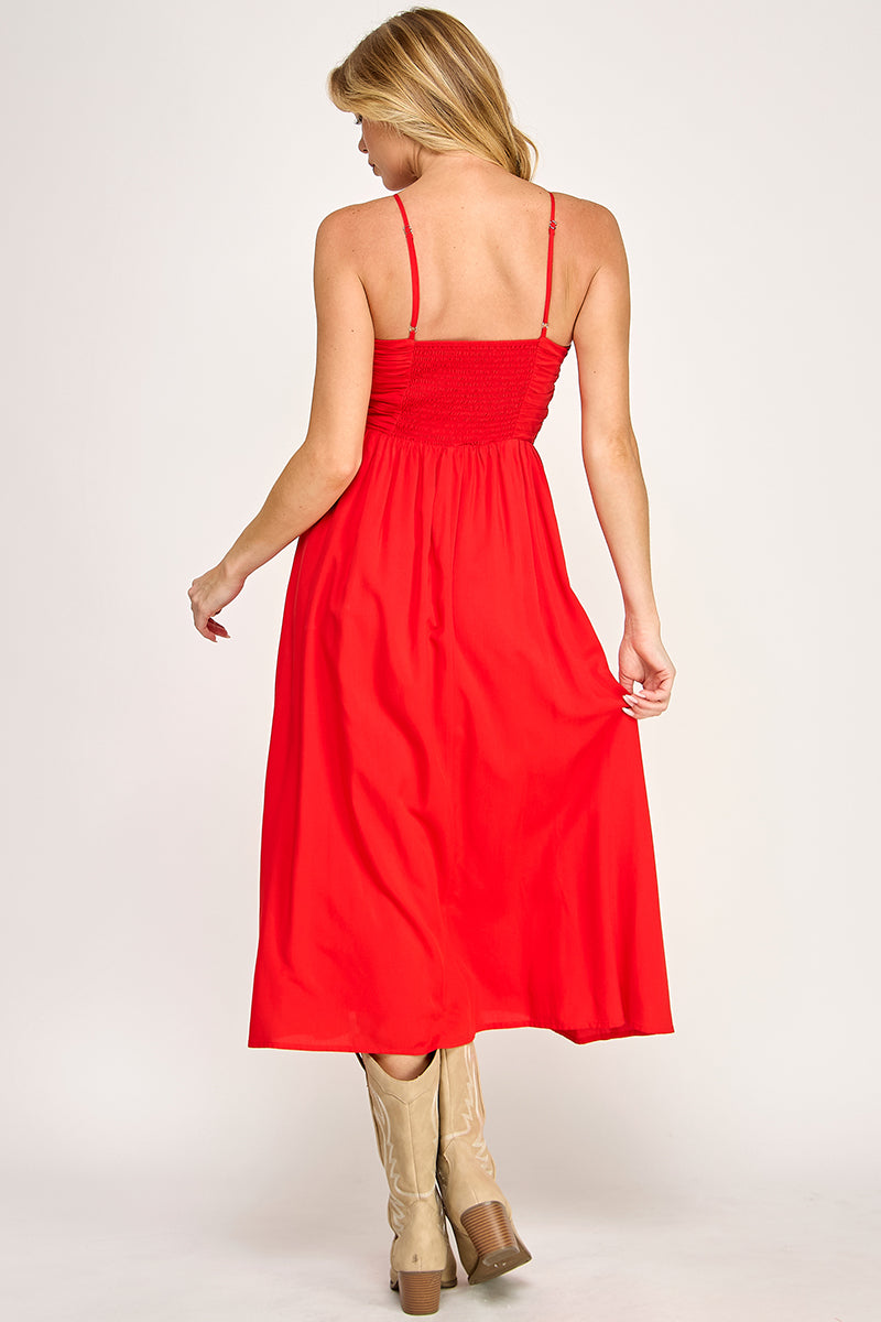 BEADED BUST MIDI DRESS - SUMMER RED