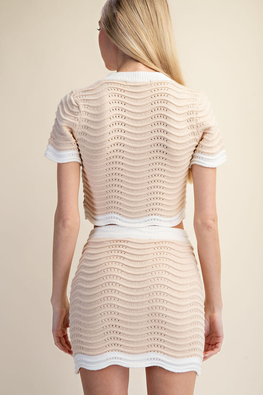WAVE STRIPE KNIT TOP MINI SKIRT SET - TAUPE/WHITE