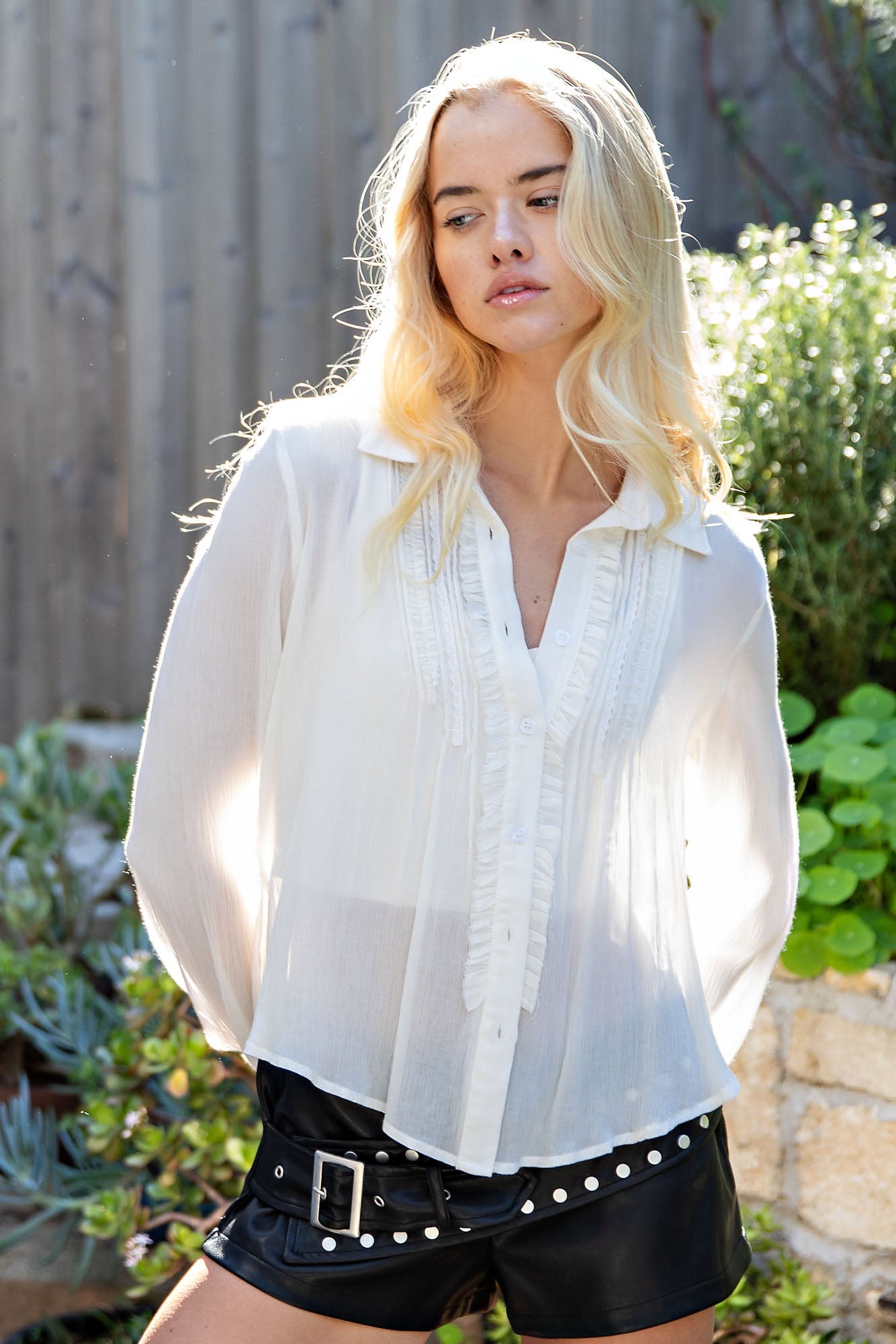 DOVE RUFFLE BLOUSE - LIGHT SHEER PLACKET BUTTON UP