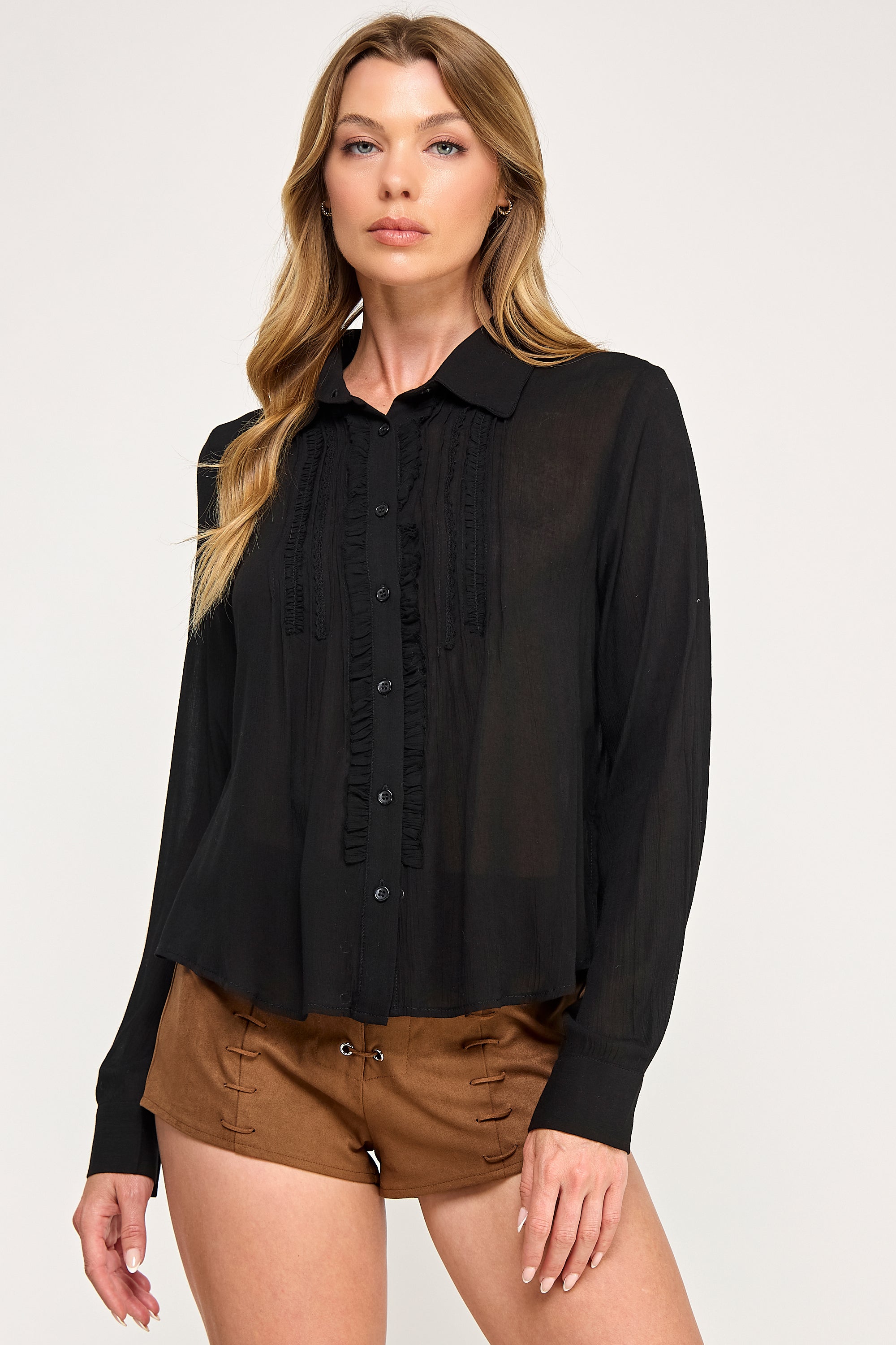 DOVE RUFFLE BLOUSE - LIGHT SHEER PLACKET BUTTON UP